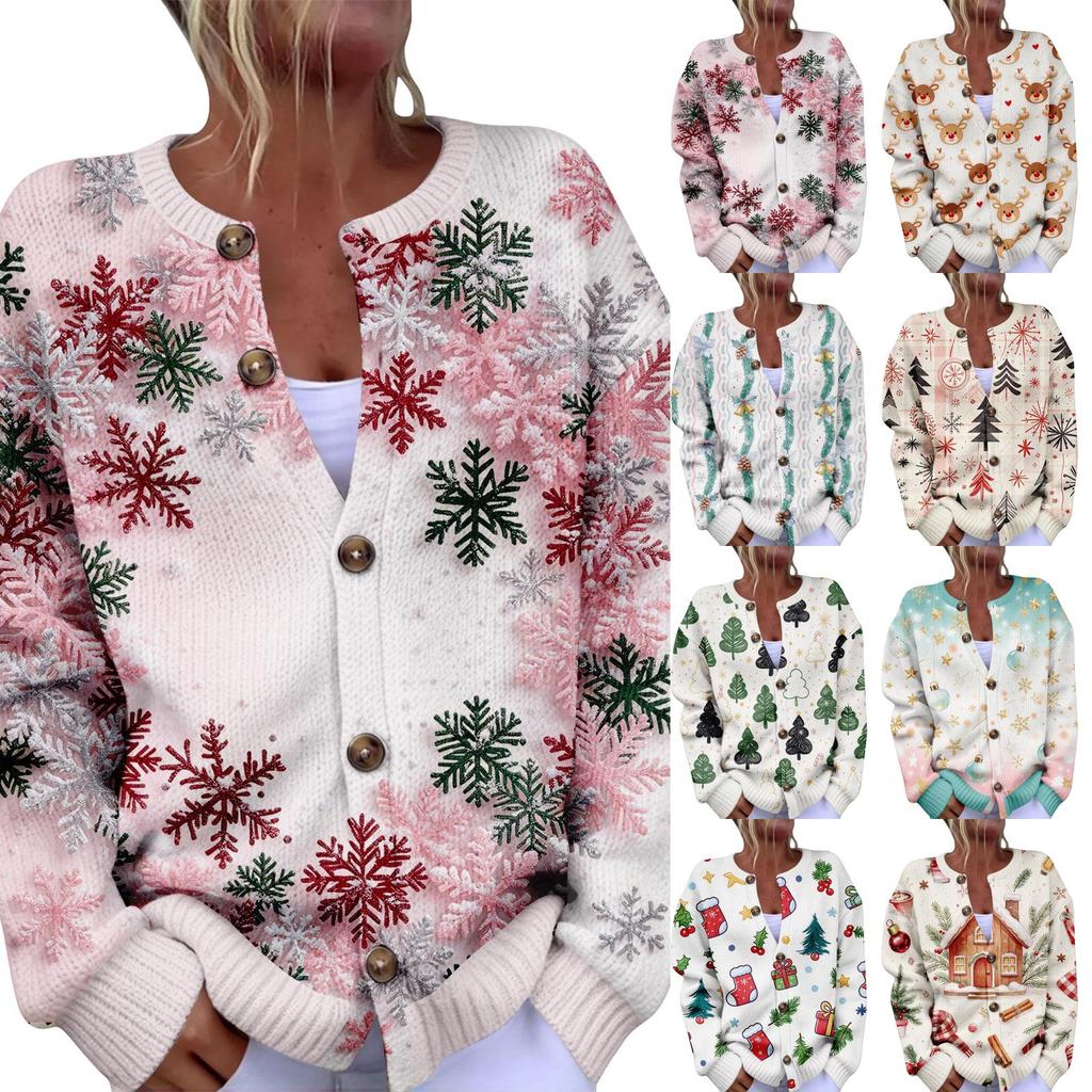 Women's Christmas Print Cardigan Long Sleeve Button Down Knit Outerwear for Holiday Party