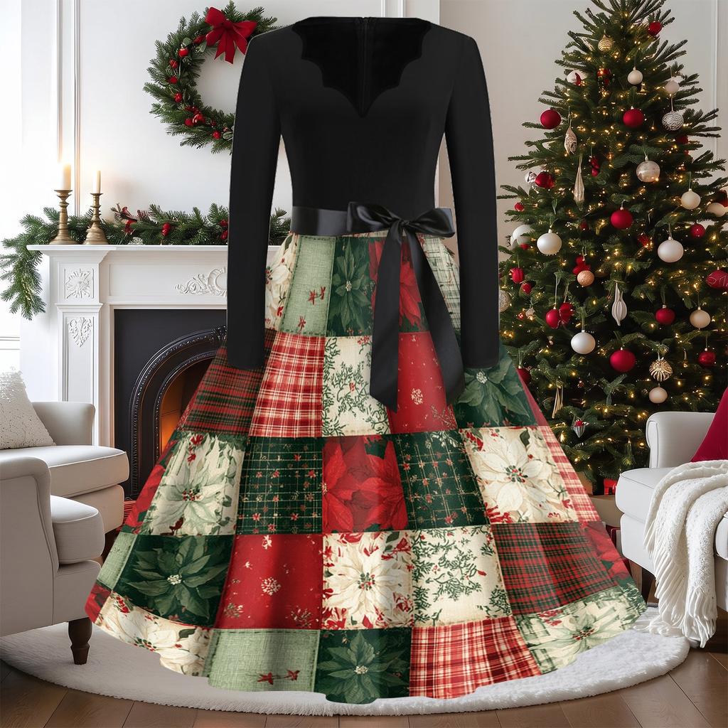 Women's Casual Vintage V-Neck Long Sleeve Dress with Christmas Print