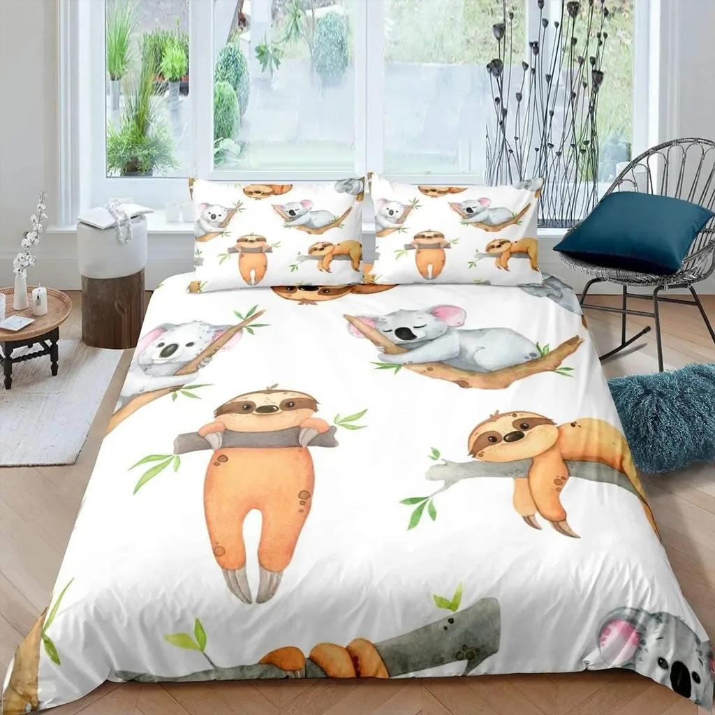 Kids Sloth Duvet Cover Set Queen King Size Cute Animal Pattern Polyester Comforter Cover Branches Winter Theme for Boys Girls