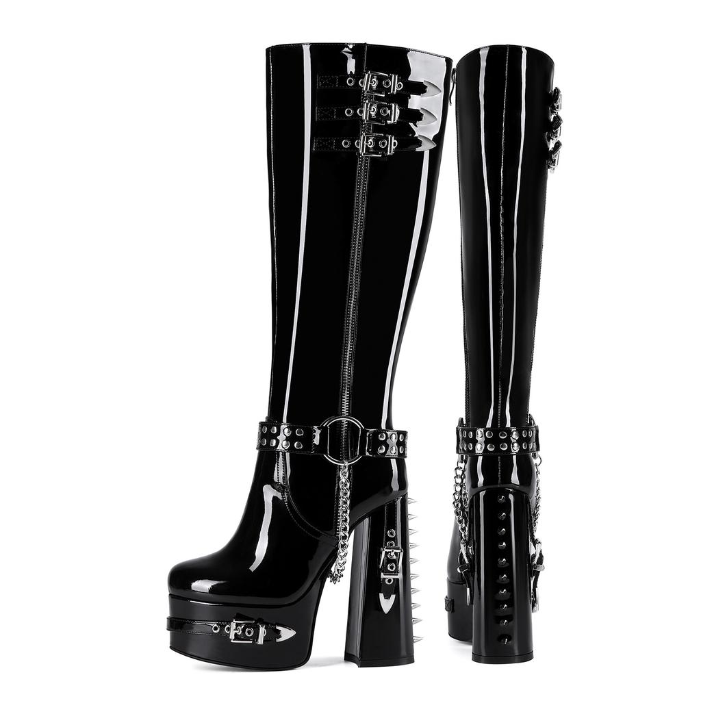 14.5cm Slim Fit Women Thigh High Boots Rivets Chains Platform Thick High Heels Boots Full Zip Shoes Woman Big Size 41 44 47