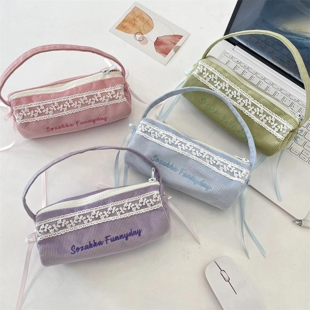 Lace Korean Style Pencil Case Bowknot Bow Pencil Pouch Handheld Stationery Bag Children