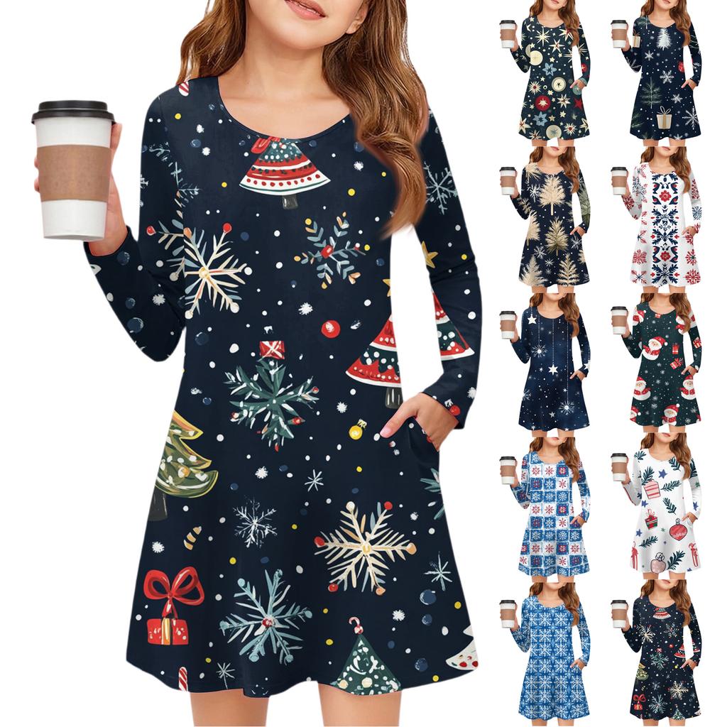 Christmas Day Girls' Long Sleeve Dress - Color Pocket Dress