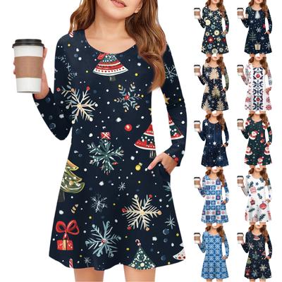 Christmas Day Girls' Long Sleeve Dress - Color Pocket Dress