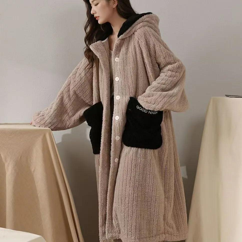 Extra-long Nightgown Pajamas Women's Autumn and Winter One-piece Hooded Coral Fleece Plus Velvet Thick Loose Plus Size Sweater Home Service