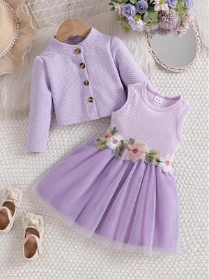 Floral Patchwork Mesh Dress Set for Infant & Toddler Girls - Spring/Autumn Style