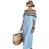 European and American one-word collar short-sleeved straight casual light linen holiday style striped long dress