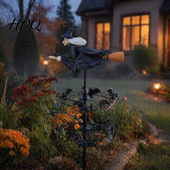Garden Witch Sculpture Wind Spinner Halloween Resin Statue Stake Spooky Bats Spinner for Yard And Outdoor Art Lawn Pathway Decor Festive Ornaments