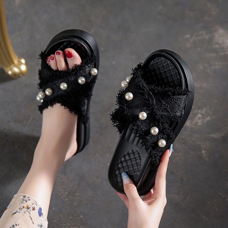 Women Solid Color Pearl Slippers Ladies Middle Heel Anti-slip Soft-sole Comfortable Thick Bottom Beach Sandals Footwears