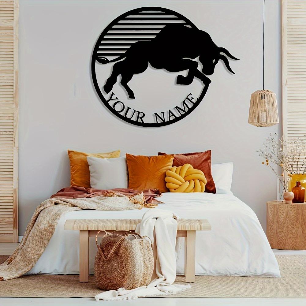 Art Mural Taureau en Métal Noir Personnalisable Unique Plaque Décorative Cadeau Nom Personnalisé Décoration Intérieure Bohème