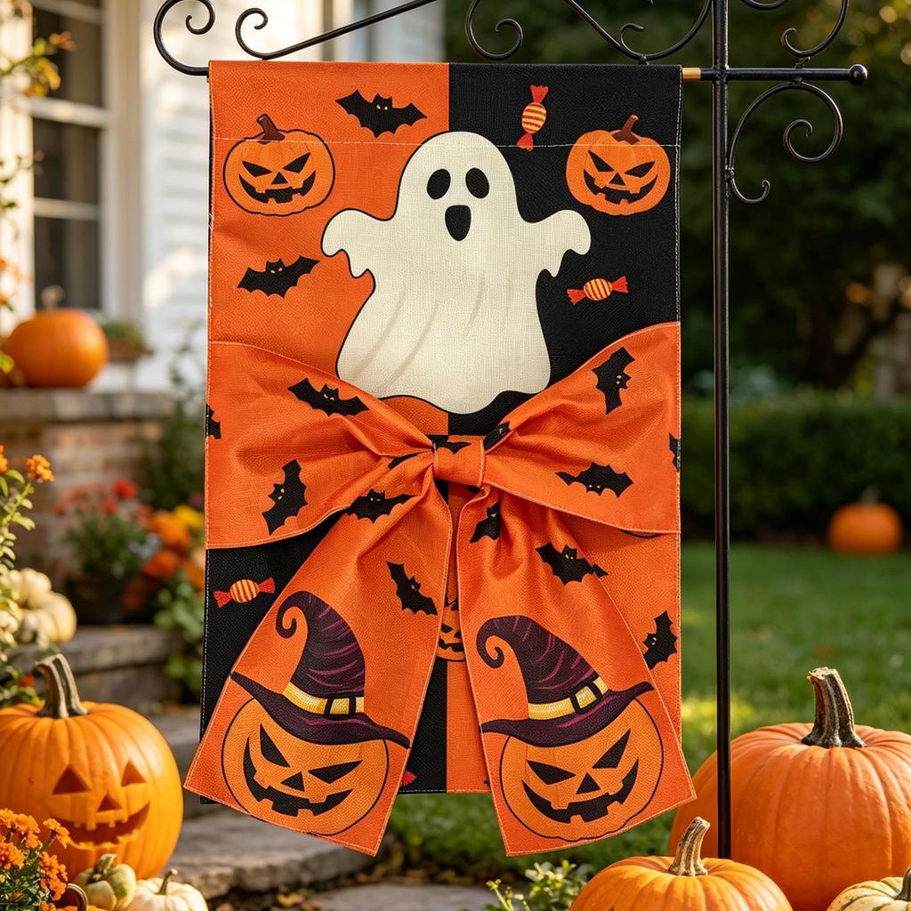 30*45cm Halloween Garden Flag, Double Sided Linen Bow Decor, Digital Printed Yard Banner for Patio Lawn Decoration