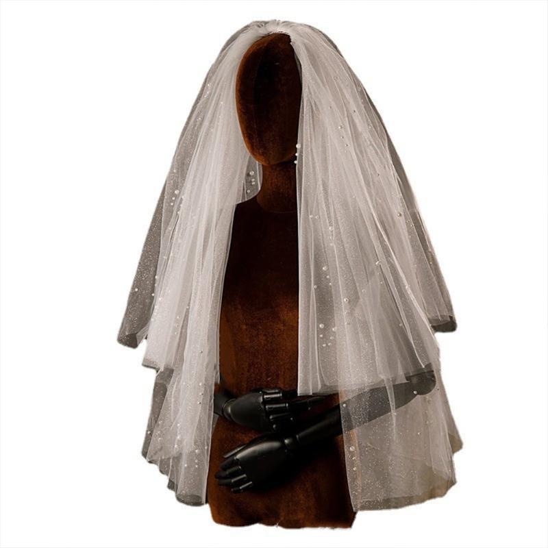 

2 Layers Wedding Bridal Veil with Comb Decorative Pearls Simple Cut Edge Short Elbow Length Tulle Sheer Glitter Veils 1