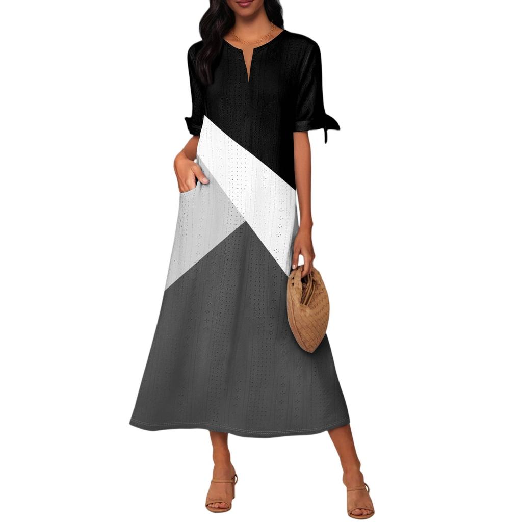 Ladies Casual Fashion Temperament Elegant Waist Patchwork Print Long Dress