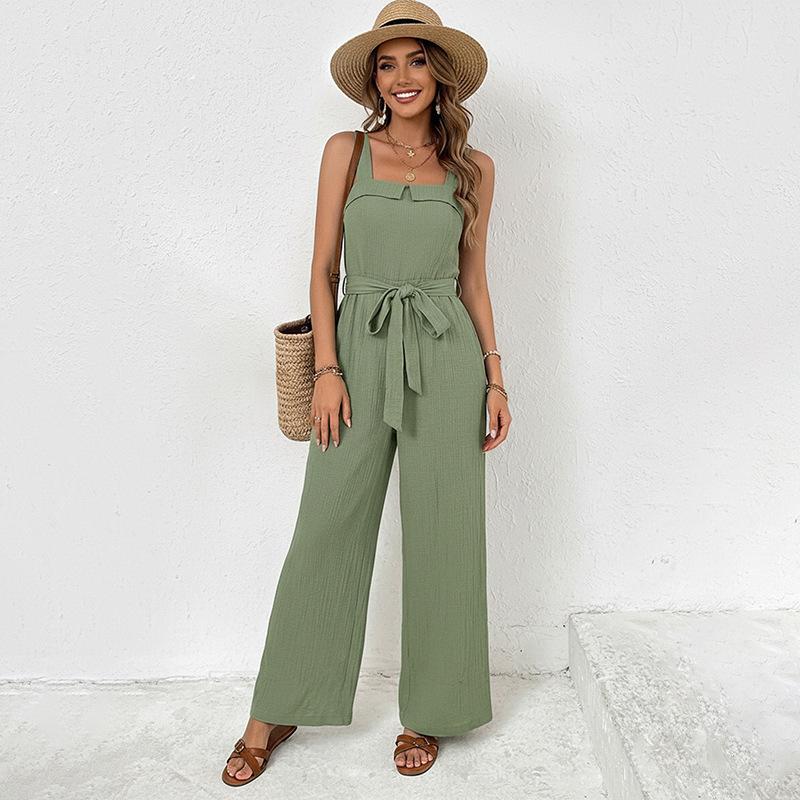 Jumpsuit for Womens Sleeveless Square Neck Belted Wide Leg Jumper Casual One Piece Vacation Outfit S