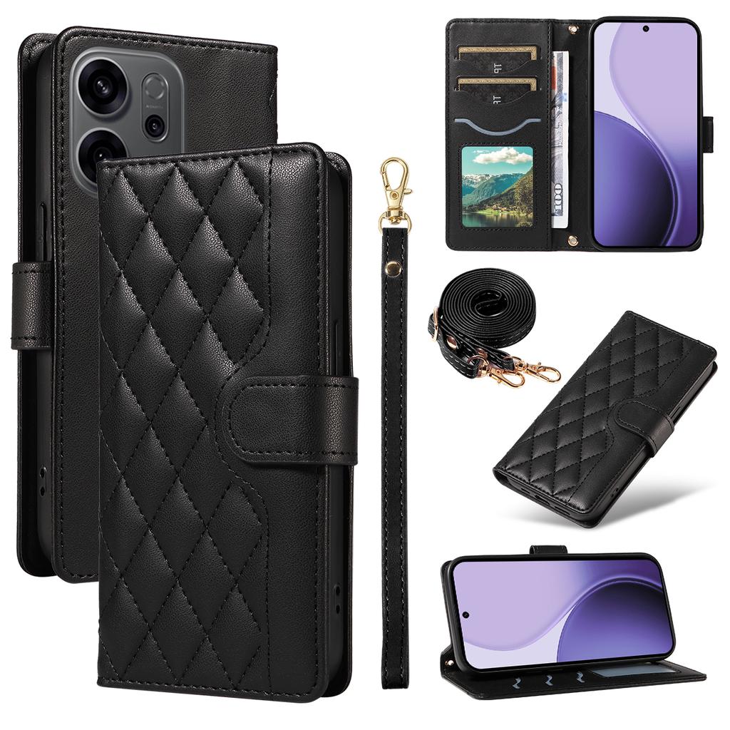 עבור Oppo Reno14 5G (חרסינה)/אופו רנו 14 F 5G/אופו רנו 14 5G (גלובלי) כיסוי ארנק מעור רומבוס לטלפון עם רצועה