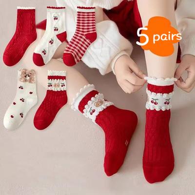 5 Pairs Cute Cherry Bear Winter Socks for Girl Red New Year Socks Flower Ruffle Plaid Kids Warm Middle Tube Socks Cotton Sokken