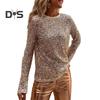 Women Tops Round Neck Long Sleeve Pullover Tops Shiny Sequins Decoration Regular Fit Blouse Daily Wear