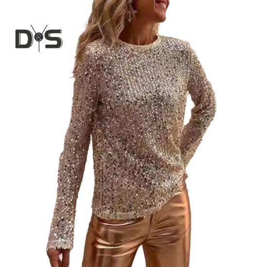 Women Tops Round Neck Long Sleeve Pullover Tops Shiny Sequins Decoration Regular Fit Blouse Daily Wear