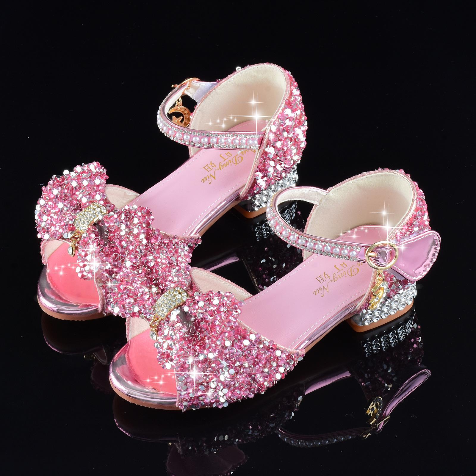 

2025 Girls Crystal Princess Sandals: White High Heels with Soft Soles for Summer Performance 28 розовый