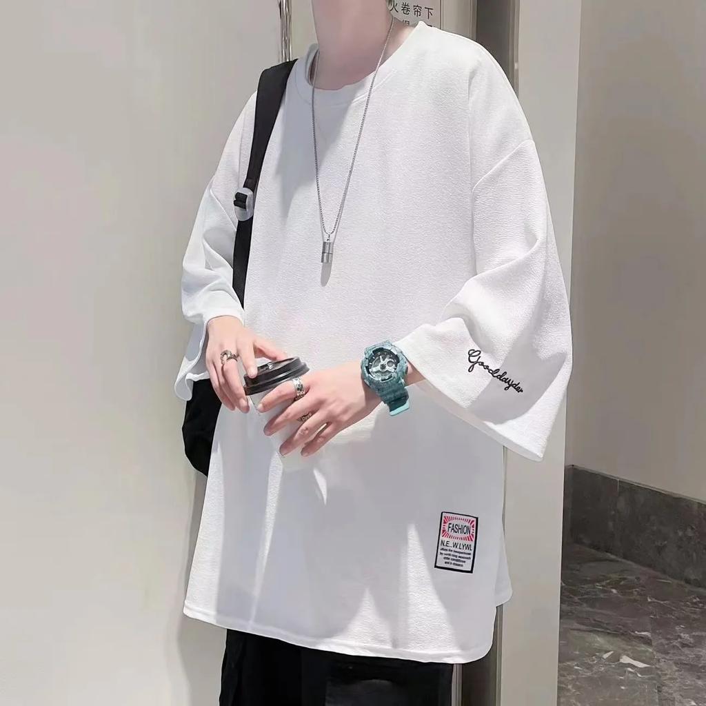 Men's Summer Lightweight 3/4 Sleeve T-Shirt Loose Fit, Plus Size, Korean Style Short Sleeve Top