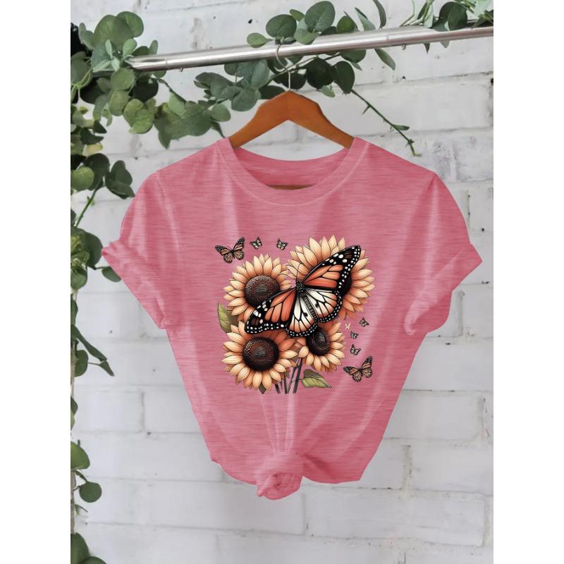 Summer New Short-sleeved Fashion T-shirts Featuring Sunflowers and Butterflies
