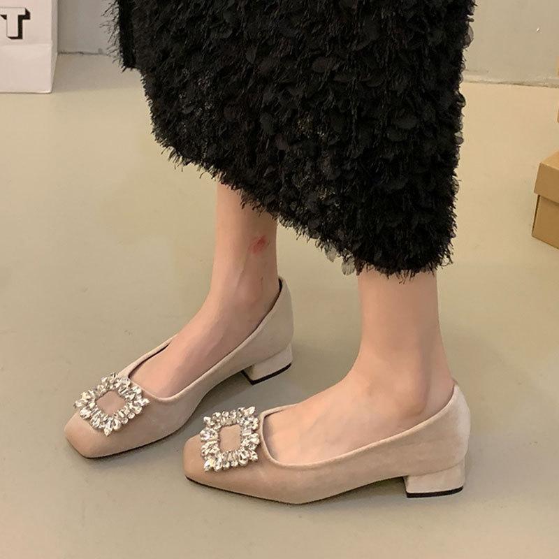 Coarse heel French rhinestone temperament single shoes women's shoes 2025 new spring and summer popular black square head commuter high heels