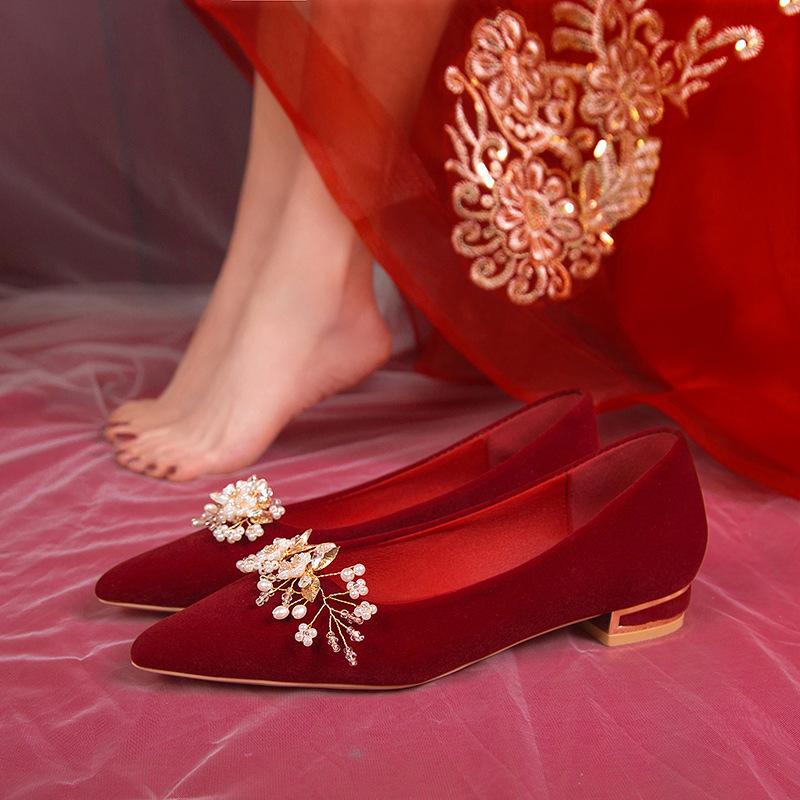 Autumn Wedding Shoes Women's Thick Heel 2025 New Bride Chinese Red Velvet Xiuhe Wedding Dress Two Wear High Heels Not Tired