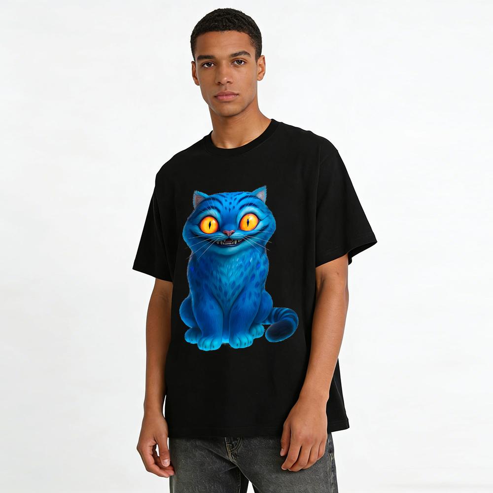 Cheshire Cat Print Casual Top Trendy Fairy Tale Style Loose Breathable T-Shirt For Men And Women Pure Cotton T-shirt