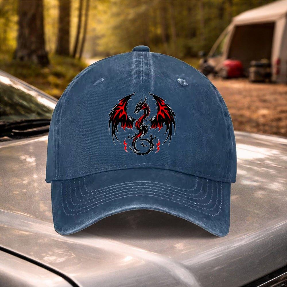 Vintage Washed Baseball Cap with Red Black Dragon Totem Adjustable for Weddings Parties Festivals Cycling Camping