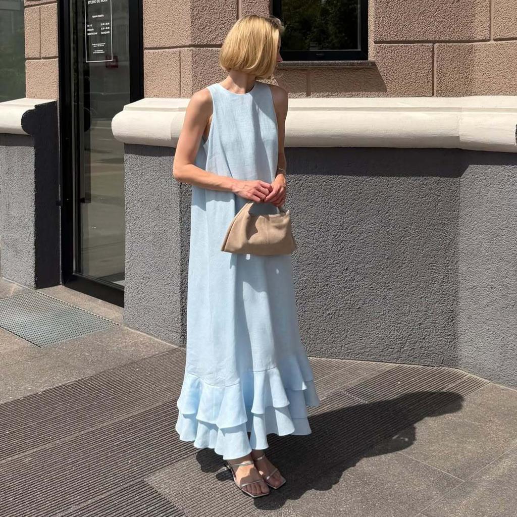 European and American foreign trade women's clothing 2026 summer new vacation sleeveless loose casual solid color ruffle edge dress