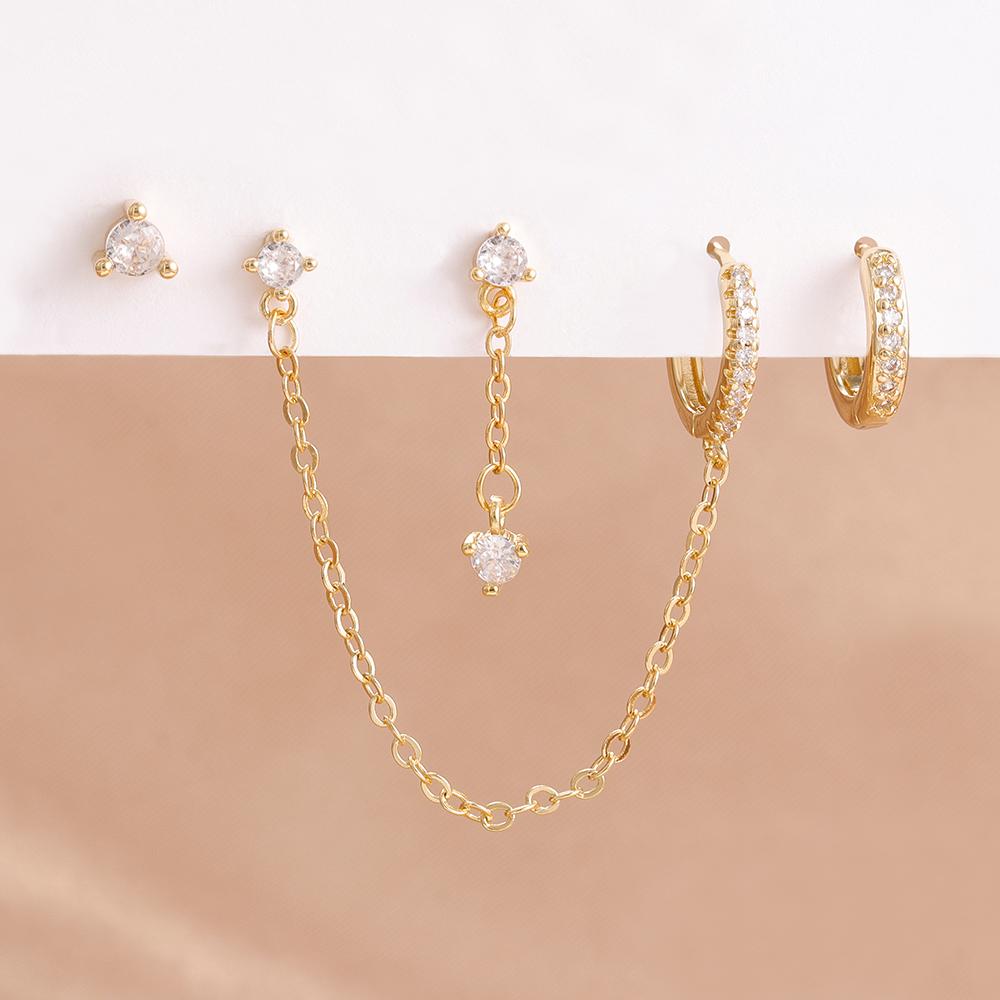4PCS Women's Earrings Set Stainless Steel Cubic Zirconia Chain Moon Star Unique Punk Unisex Rock Earring Piercing Jewelry