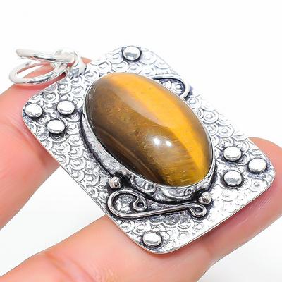 Natural Tiger Eye Gemstone Handmade 925 Sterling Silver Pendant 2.13" Q2o44