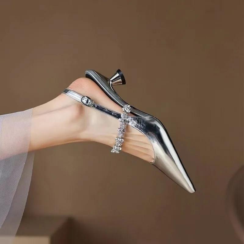 New Black Silver Low Heels Sandals Women Shiny Crystal Straps Pointed Toe Sandals Woman Slingbacks Pumps Ladies Shoes