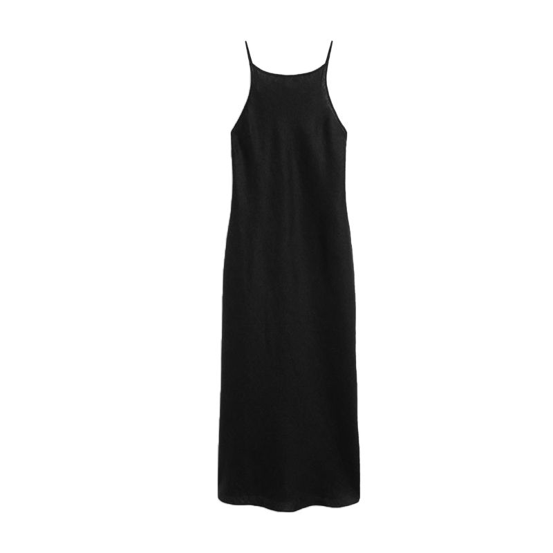 

MD Spring/Summer New Arrival Elegant Elegance Minimalist Linen Mid-Length Sling Dress Black Dress 6631586 Black L