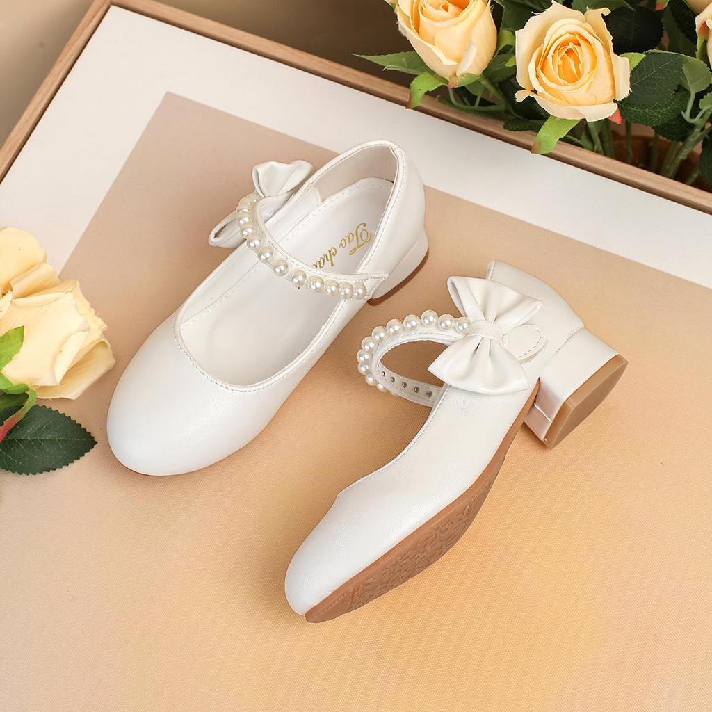 Girls' Princess High-Heeled White Bow Leather Shoes with Pearls for Spring and Autumn