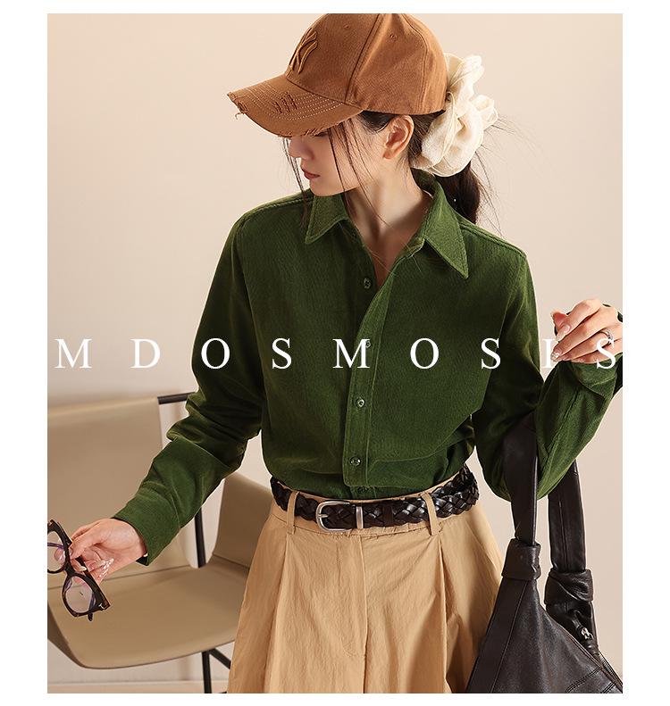 Women's Long Sleeve Washed Corduroy Blouse - Drop/Regular Shoulder, 100% Cotton, Slim Fit, for Spring, Autumn, Winter.