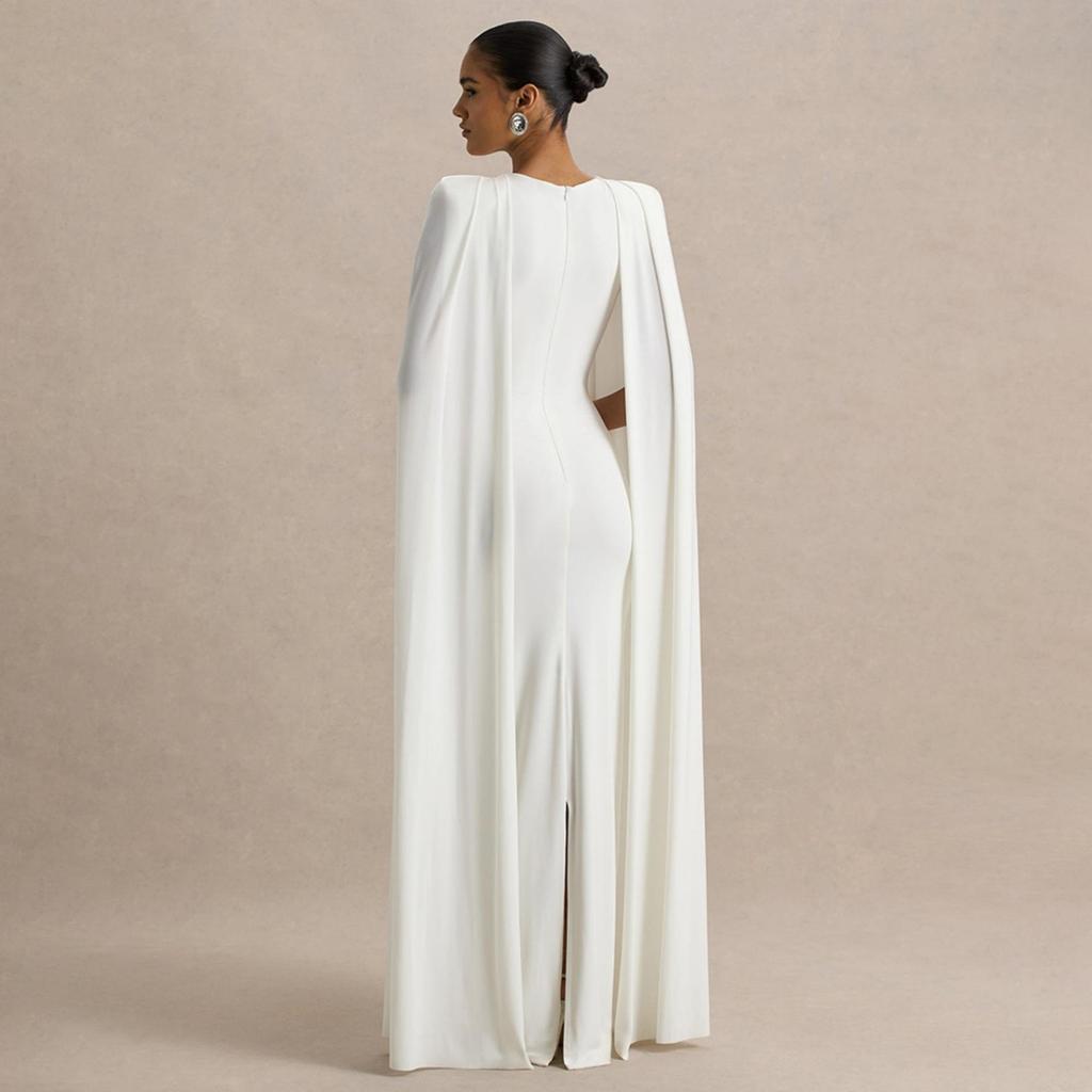 Elegant European Style Autumn/Winter Women's Evening Gown - Solid Color, Pleated, Round Neck, Waist-Cinched Skirt