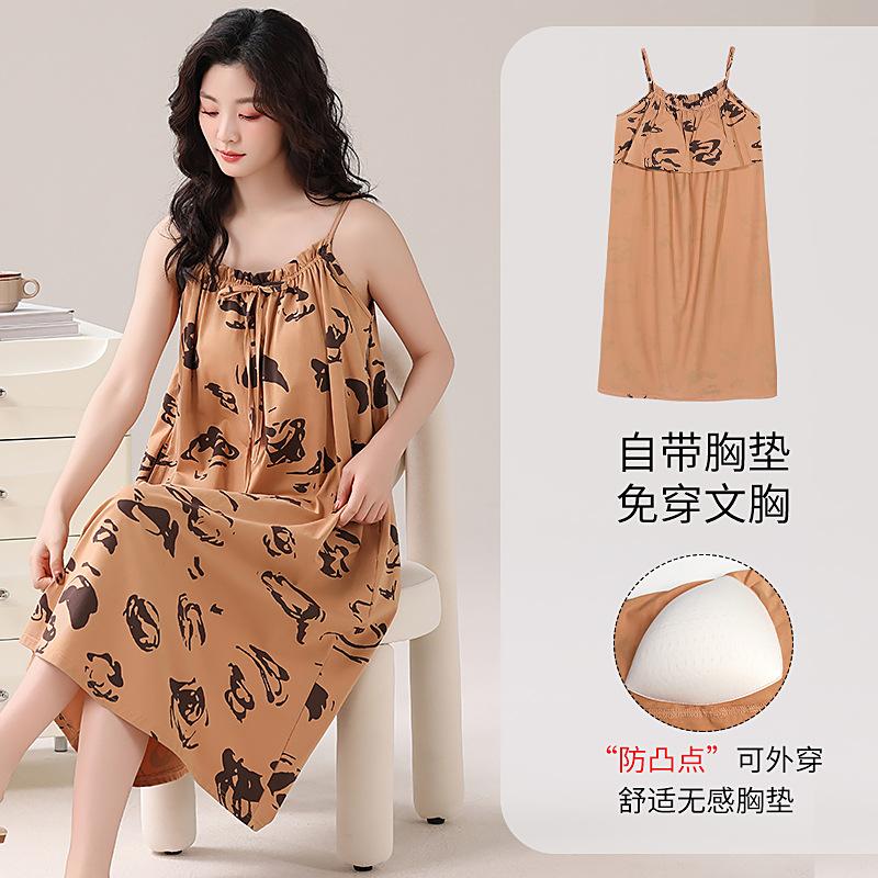 Women's camisole nightdress, summer pure cotton sexy mid-length loungewear, plus-size pad pajamas, pure and sweet style