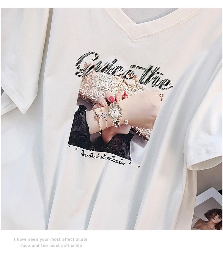 Women's Plus Size V-Neck Short-Sleeve Loose T-Shirt (Mid-Length, 200-350 Jin)