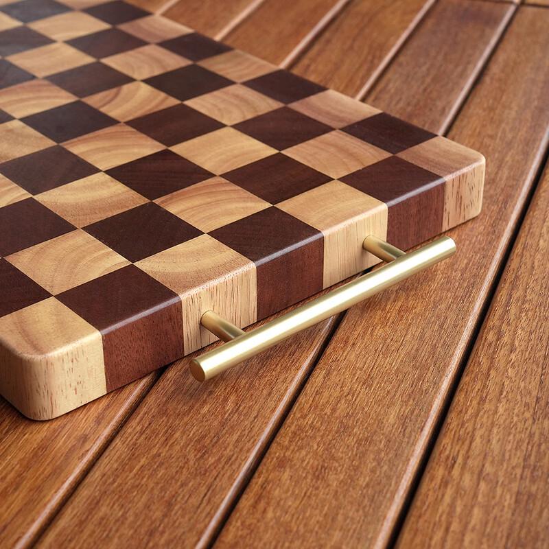 oeny Checkerboard Solid Wood Cutting Board with Gold Handle