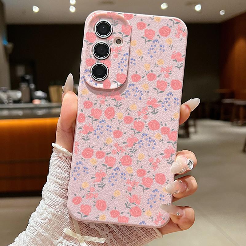 

INS Floral Pattern Case For Samsung S26 S25 Ultra S24 FE S23 Plus S22 S21 A15 A16 A17 A35 A36 A37 A54 A55 A56 A57 5G Leather Texture Soft Cover Samsung S24 Ultra розовый