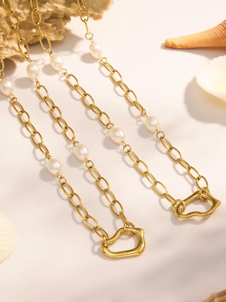 18K Gold Plated Irregular Heart Gel Bead Clavicle Bracelet & Niche Titanium Steel Jewelry Set by Qiong Yao Design