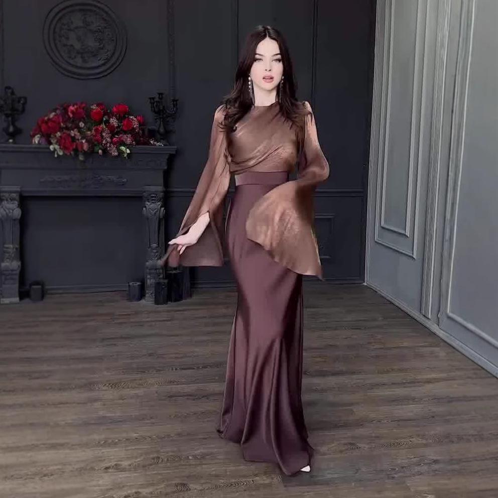 

2024 Лето Элегантное Европейское и Американское Женское Длинное Платье с Сетчатой Вставкой S коричневый/каштановый