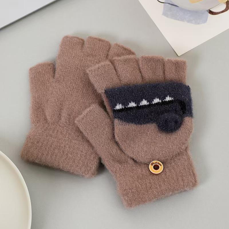 

Children s Flip-Top Half-Finger Winter Gloves - Crystal Mink Dinosaur Design