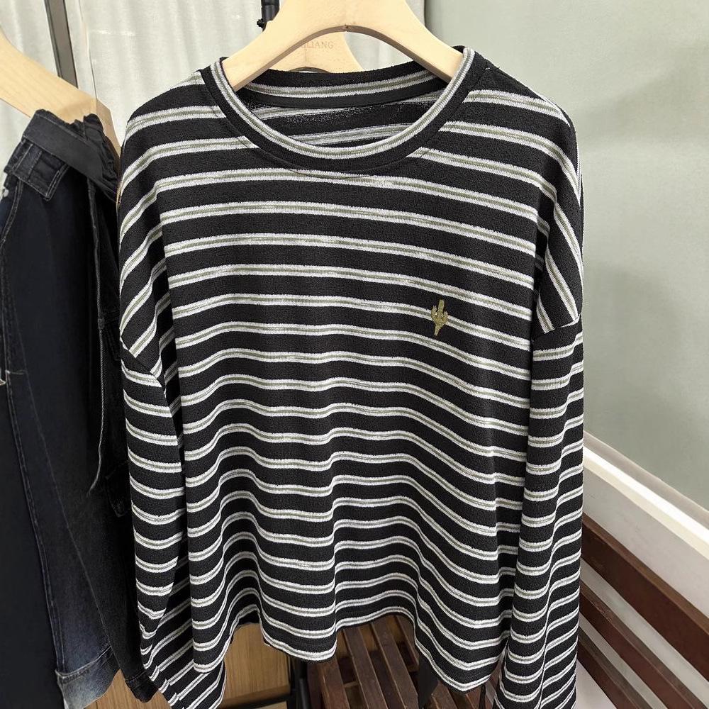 Xiao Wang's 52009 Autumn Korean-Style Loose Plus Size Casual Striped Round Neck Long Sleeve T-shirt