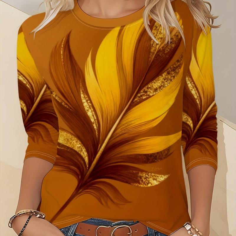 Ladies' Gradient Pink Blue Printed Long Sleeve T-shirt - Gradual Splicing Round Neck Casual Top