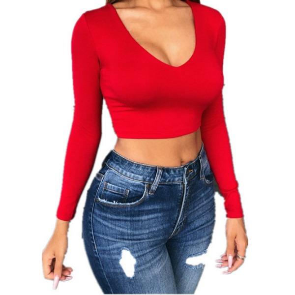 

Однотонная футболка с V-образным вырезом, открытым пупком, облегающая, с длинными рукавами и коротким топом, демонстрирующая хорошую фигуру L красный