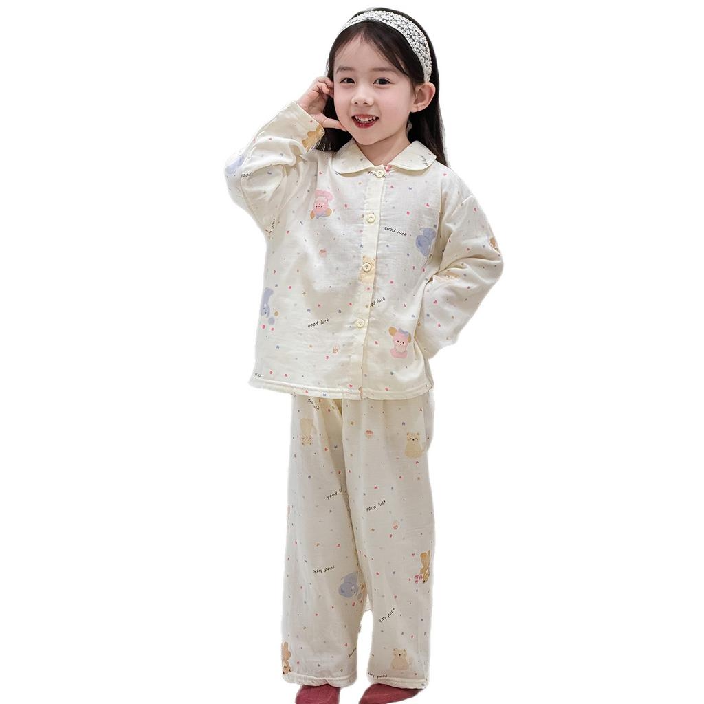 Spring And Summer New Children'S Gauze Pajamas Boys And Girls Printed Long-Sleeved Trousers Loungewear Set Loose And Thin