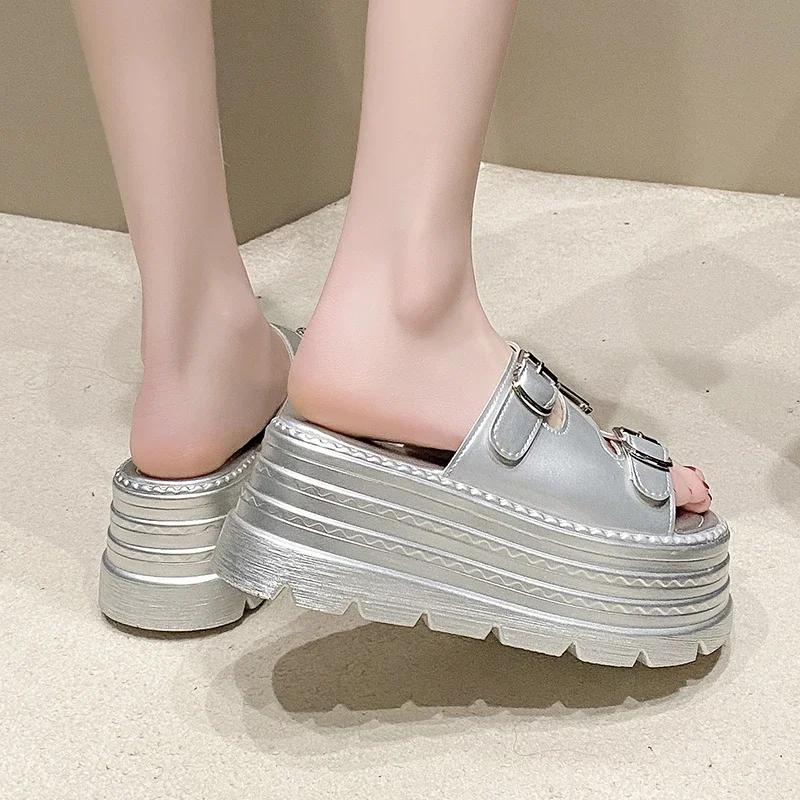 Fashion 8.5cm Microfiber Synthetic Leather Flats Summer Outside Peep Toe Fashion Women Sandal Slippers Pumps High Platform Wedge Shoes