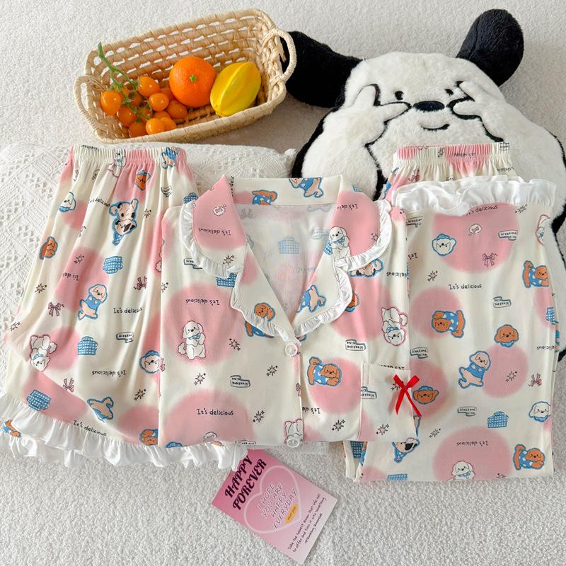 Sweet Puppy High-value Imitation Cotton Edge Pajamas Women's Summer Casual Short-sleeved Three-piece Loungewear