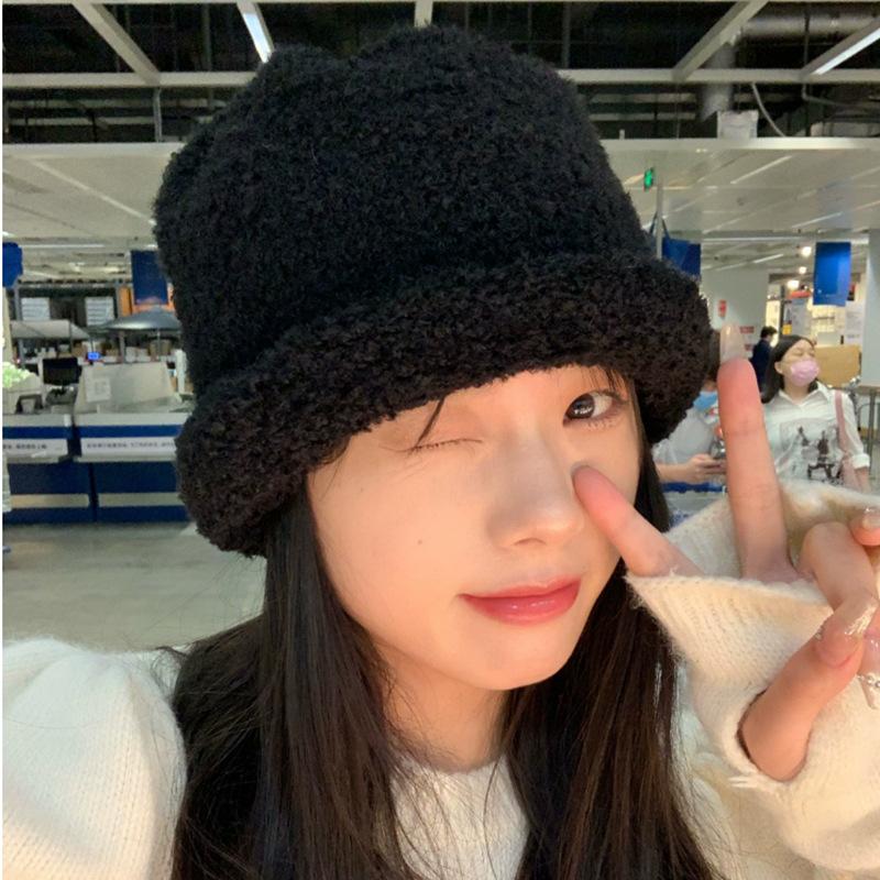 Curled Fleece Plush Hat Women's Autumn and Winter Korean Version Versatile Headgear Japanese Big Head Circumference Versatile Ear